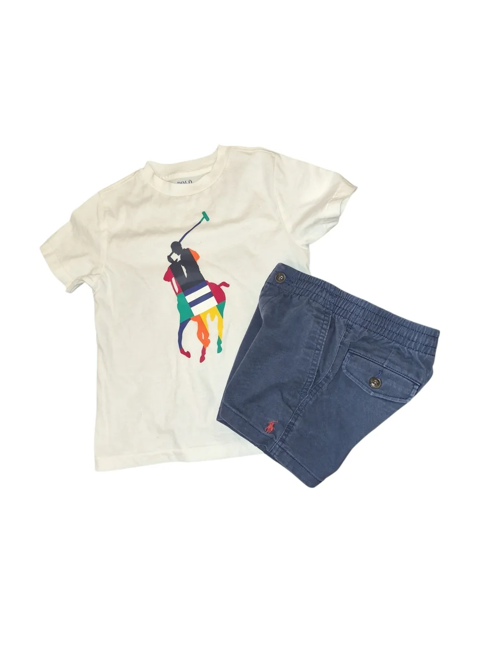 Polo by Ralph Lauren White Tee with Multi-Color Polo Logo & Navy Shorts